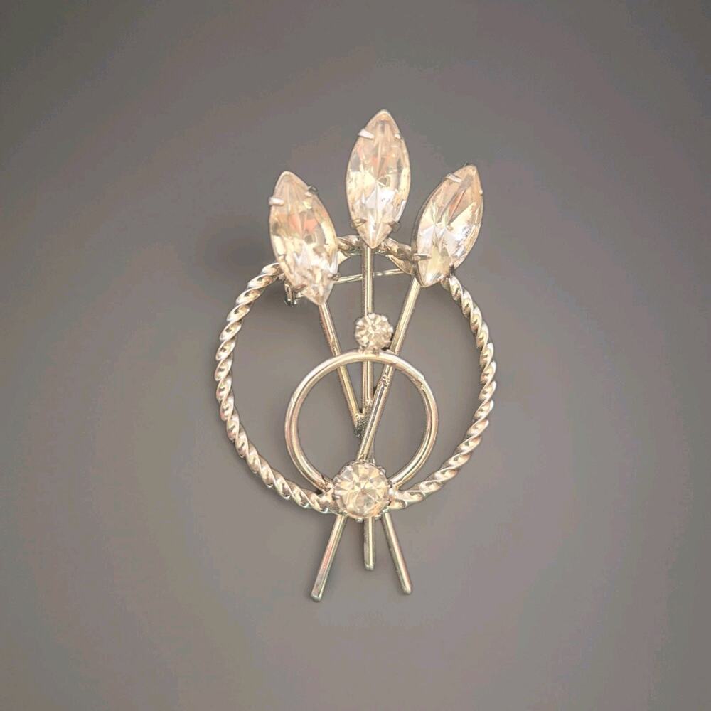 Vintage Rhinestone Silver Tone Brooch Marquis & Round Cut Flowers Stalks Rare